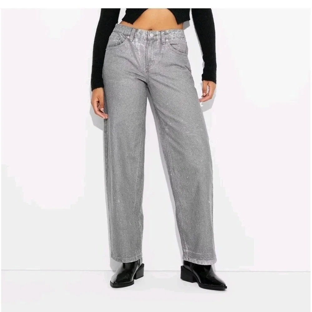 Wild‎ Fable NWT 4 High Rise Wide Leg Glitter Jeans Gray Silver Sparkle Party Fun